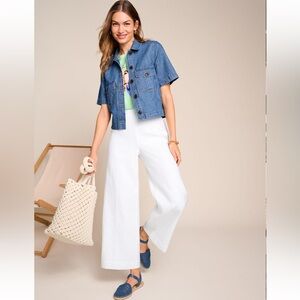 NWT TALBOTS Classic 100% Linen Wide Leg Crop Palazzo Pants White Side Zip button